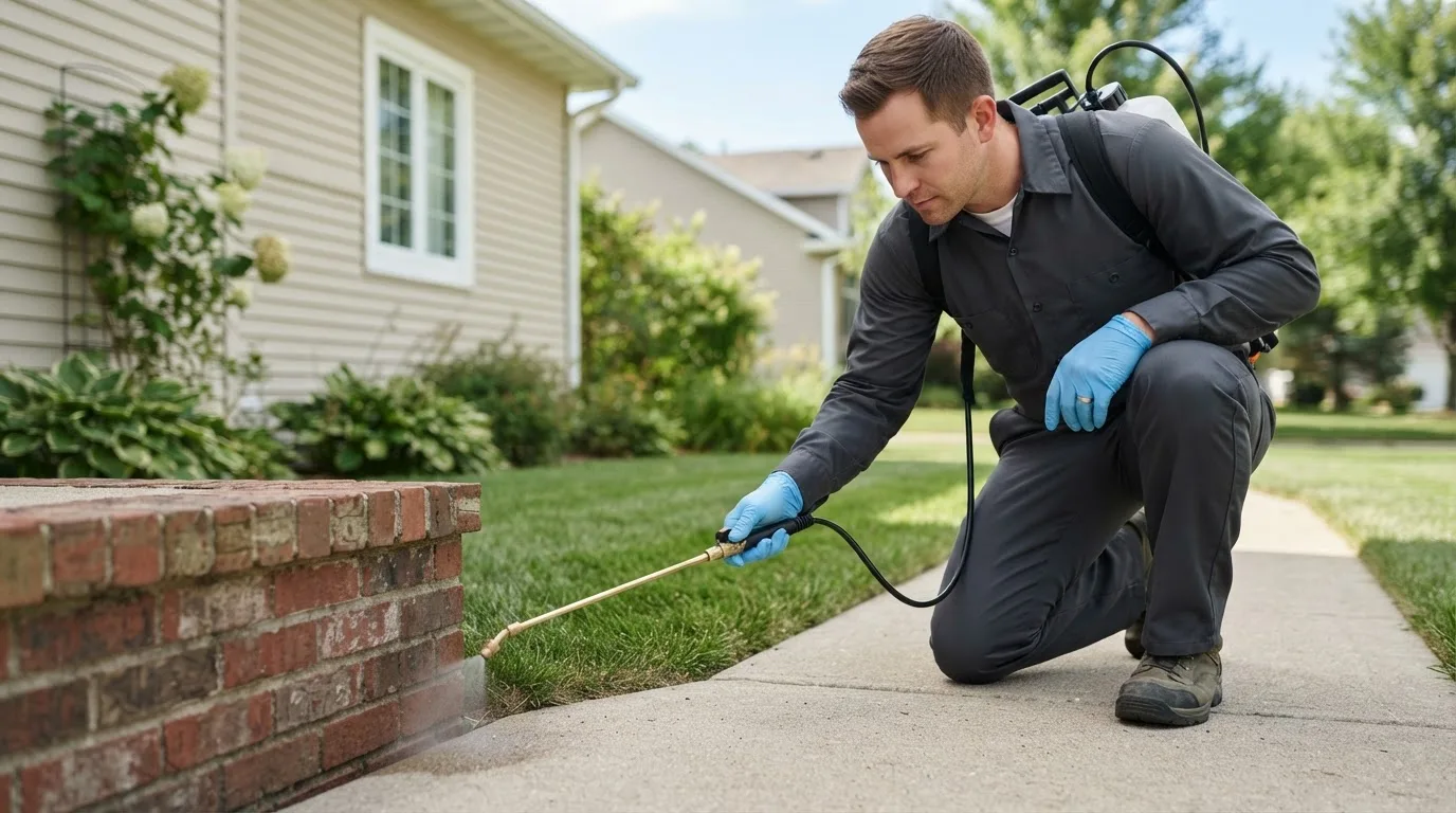 Pest control technician treating a home near Forest Grove, OR